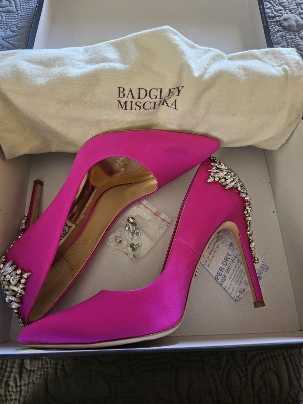 Badgley Mischka Fuchsia Satin Crystal-Embellished Pointed-Toe Pumps - Picture 2 of 7